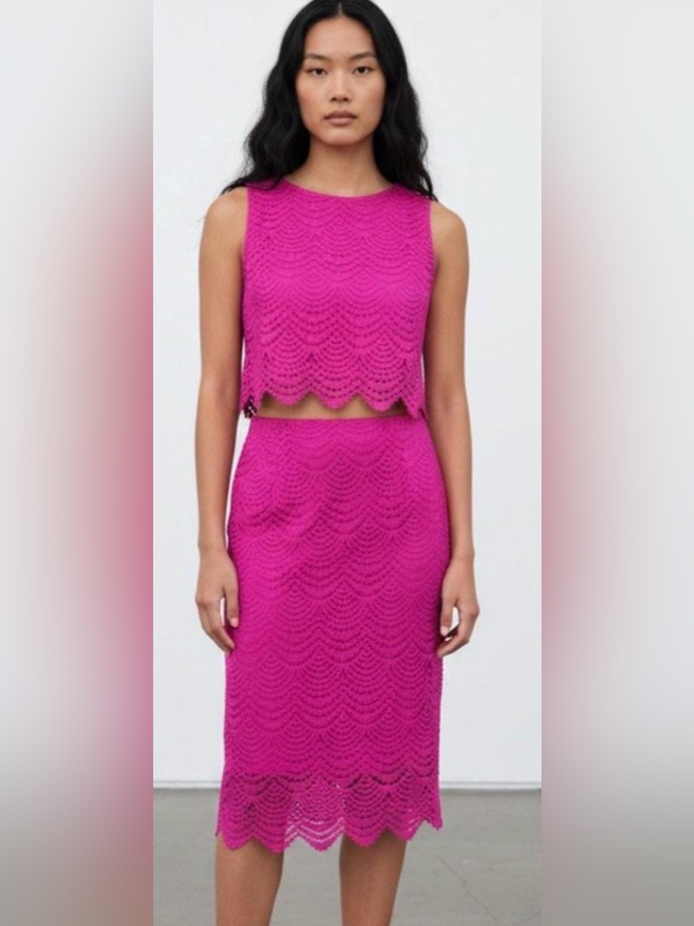 Lilly Pulitzer Naomi Set Fuchsia Scalloped Crochet Pencil Skirt and Crop Top M